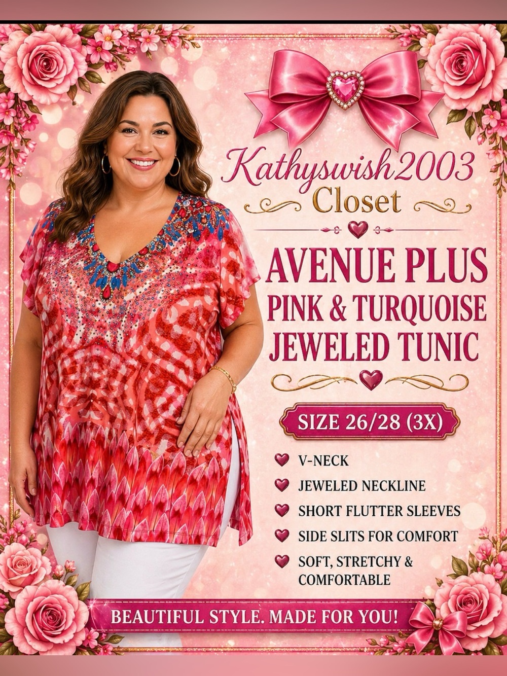 Avenue Plus Size 26/28 Women’s Pink and Turquoise Jeweled Tunic with sid…
